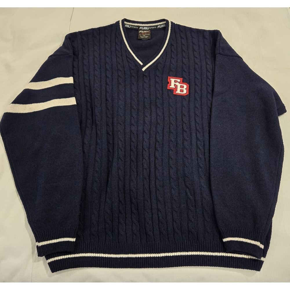 VTG FUBU Men's Cable Knit  V-neck Sweater‎ Y2K Navy Blue White Accents Size XL